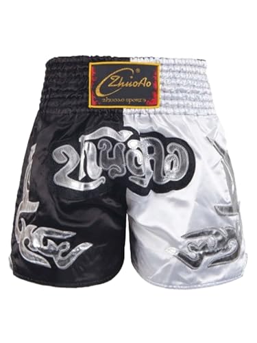 Miaeowve Kinder Junge Muay Thai Short Fighter Thaishorts Thaiboxen Hose Kickboxen Kurz Leggings Kickboxing Sportbekleidung Fitness Schwarz-Weiss 146-152 von Miaeowve