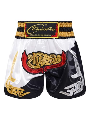 Miaeowve Kinder Junge Muay Thai Short Fighter Thaishorts Thaiboxen Hose Kickboxen Kurz Leggings Kickboxing Sportbekleidung Fitness Weiß schwarz 158-164 von Miaeowve