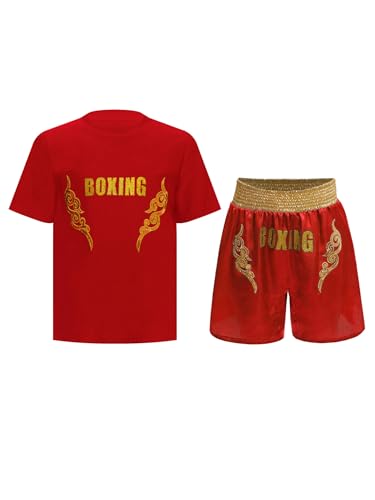 Miaeowve Kinder Junge Wushu Anzug Fitness Sport Kleidung Set Kurzarm Oberteil Mit Muay Thai Kick Boxshorts Sportbekleidung Kampfsport Kampfausrüstung Rot A 146-152 von Miaeowve