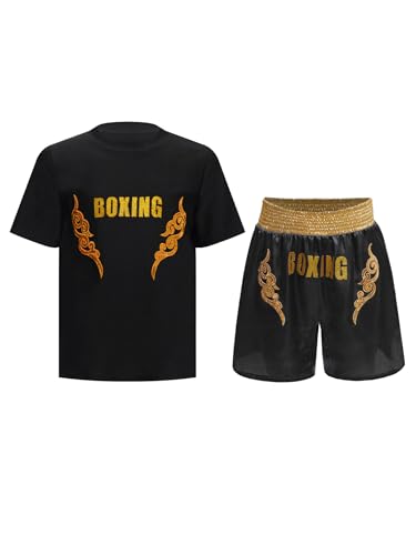 Miaeowve Kinder Junge Wushu Anzug Fitness Sport Kleidung Set Kurzarm Oberteil Mit Muay Thai Kick Boxshorts Sportbekleidung Kampfsport Kampfausrüstung Schwarzes Gold A 122-128 von Miaeowve