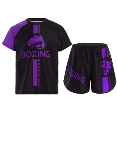 Miaeowve Kinder Junge Wushu Anzug Fitness Sport Kleidung Set Kurzarm Oberteil Mit Muay Thai Kick Boxshorts Sportbekleidung Kampfsport Kampfausrüstung Violett 122-128 von Miaeowve