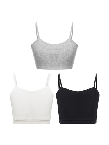 Miaeowve Kinder Mädchen 3er Sport BH Set Träger Yoga Bustier Träger Ballett Tanz Shirt Bauchfrei Jogging Oberteil Sommer Sportswear Schwarz, Weiß und Grau 140-152 von Miaeowve