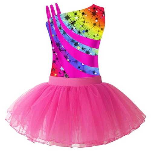 Miaeowve Kinder Mädchen Ballettkleid Ärmellos Gymnastik Body Patchwork Trikot Asymetrisch Träger Leotard Mit Tüllrock Tanzrock Ballerinas Kostüm Bunt&Rose 122-128 von Miaeowve