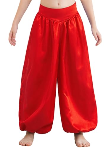 Miaeowve Kinder Mädchen Bauchtanz Hose Satin Glanz Haremshose High Waist Tanzhose Locker Slim Fit Aladinhose Leggings Faschingkostüm Rot 146-152 von Miaeowve