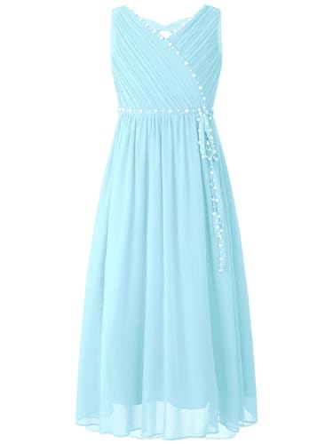 Miaeowve Kinder Mädchen Kleider Hochzeit Perlen Glitzer Ärmellos Partykleid A Linien Ballkleid V-Ausschnitt Chiffon Kleid Party Geburtstag Hellblau 134-140 von Miaeowve