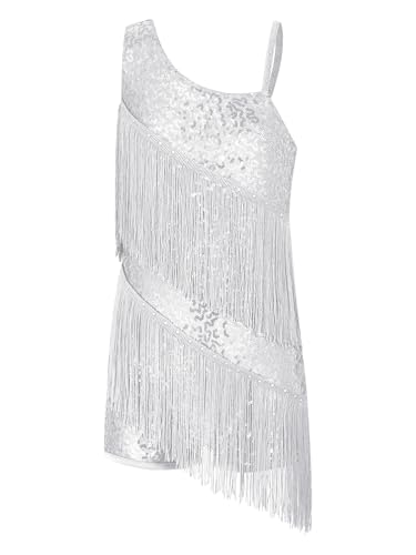 Miaeowve Latein Tanzkleid Turnier Mädchen Kinder Pailletten Glitzer Fransenkleid Ärmellos Quaste Flapper Kleid 20er Jahre Tanzkostüm Weiß 134-140 von Miaeowve