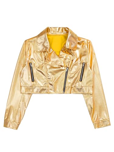 Miaeowve Kinder Mädchen Metallic Jacke Langarm Kurz Mantel Reverskragen Bomberjacke Reißverschluss Freizeitjacke Disco Party Outfit Gold 122-128 von Miaeowve