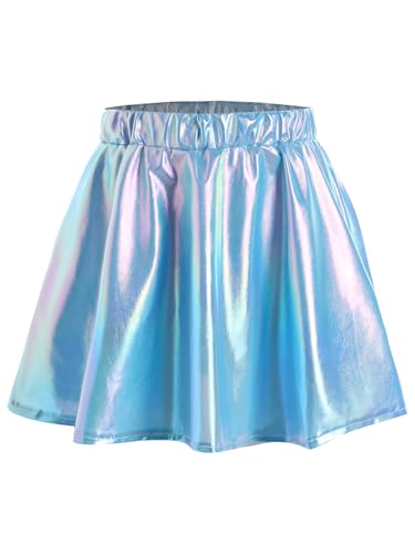Miaeowve Kinder Mädchen Metallic Rock A Linien Faltenrock Glänzend Minirock Elastisch Skater Rock Holographic Tanzkostüm Himmelblau 134-140 von Miaeowve