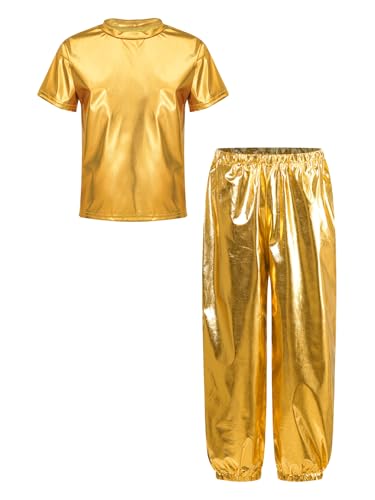 Miaeowve Kinder Mädchen Metallic Sportanzug Kurzarm Oberteil Rundhals Sport Shirt Mit Locker Hose High Waist Leggings Street Dance Outfit Gold 146-152 von Miaeowve