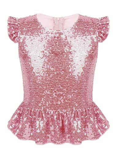 Miaeowve Kinder Mädchen Pailletten Shirt Meerjungfrau Oberteil Rüschen Volants Top Flatterärmel Tunika Bluse Süß Faschingkostüm Rosa 110-116 von Miaeowve