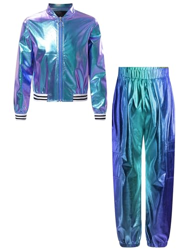 Miaeowve Kinder Mädchen Sportbekleidung Set Metallic Sportjacke Holographic Mantel Mit Glitzer Hose Stretch Leggings Retro Sportswear Blau 134-140 von Miaeowve