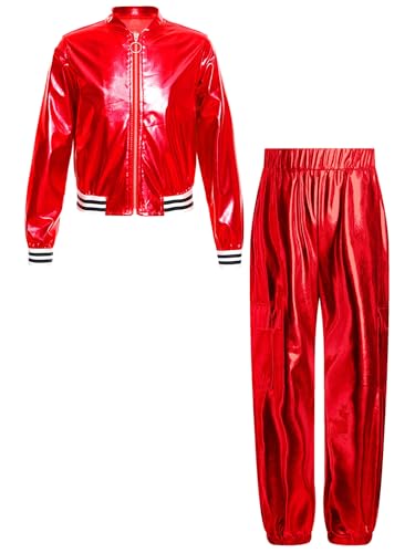 Miaeowve Kinder Mädchen Sportbekleidung Set Metallic Sportjacke Holographic Mantel Mit Glitzer Hose Stretch Leggings Retro Sportswear Rot 122-128 von Miaeowve
