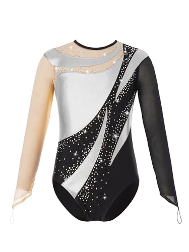 Miaeowve Kinder Mädchen Turnanzug Strass Glitzer Ballett Body Metallic Patchwork Tanz Trikot Cut Out Gymnastik Leotard Wettbewerb Tanzkleidung Silber 158-164 von Miaeowve