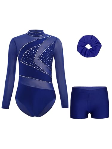 Miaeowve Kinder Mädchen Turnanzug Strass Glitzer Gymnastikanzug Langarm Ballett Body Mit Haarband Shorts Wettbewerb Tanzkleidung Navy blau 134-140 von Miaeowve