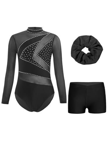 Miaeowve Kinder Mädchen Turnanzug Strass Glitzer Gymnastikanzug Langarm Ballett Body Mit Haarband Shorts Wettbewerb Tanzkleidung Schwarz 134-140 von Miaeowve