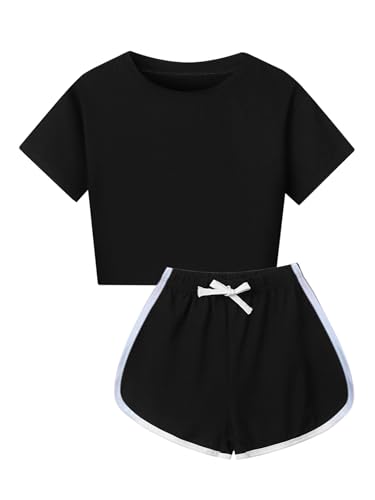 Miaeowve Kinder Sport Set Mädchen Kurz Sommer Outfits Kurzarm Oberteil Stretch Shorts Mit Kordelzug Fitness Anzug Schwarz 146-152 von Miaeowve