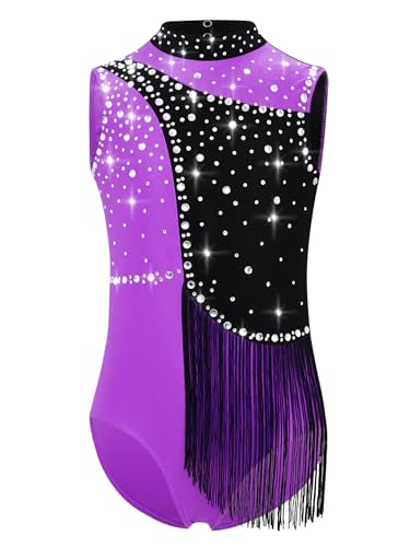 Miaeowve Kinder Turnanzug Mädchen Ärmellos Body Strass Glitzer Tanztrikot Stehkragen Leotard Fransen Sport Overall Jumpsuit Kurz Mit Fransen Violett 122-128 von Miaeowve