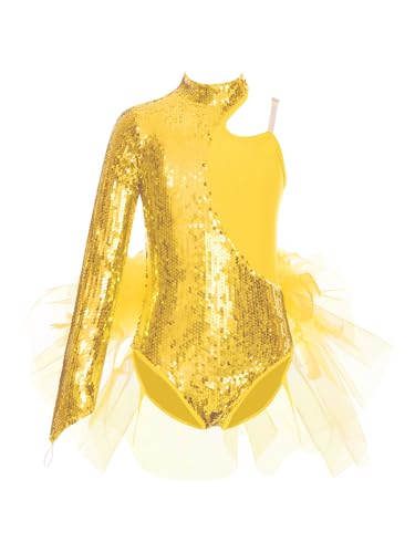 Miaeowve Kinder Turnanzug Mädchen Langarm Ballettanzug Pailletten Glitzer Tanzbody Mesh Tüll Patchwork Trikot Wettbewerb Performance Bekleidung Gold 170 von Miaeowve