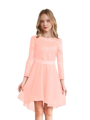 Miaeowve Kleider Kinder Mädchen Festlich Strass Glitzer Hochzeitskleid Langarm Spitzekleid Partykleid A Linien Ballkleid Knielang Gr.110-170 Rosa 134-140 von Miaeowve