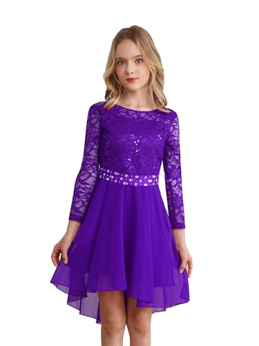 Miaeowve Kleider Kinder Mädchen Festlich Strass Glitzer Hochzeitskleid Langarm Spitzekleid Partykleid A Linien Ballkleid Knielang Gr.110-170 Violett 134-140 von Miaeowve