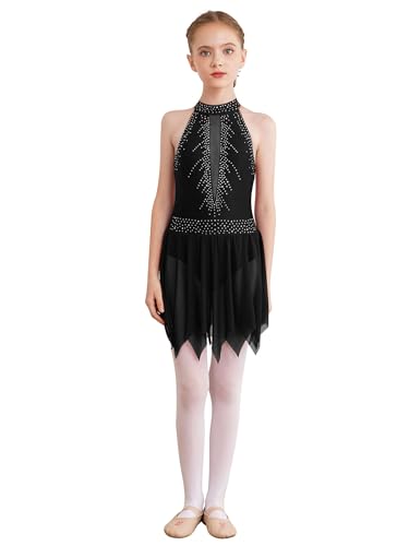Miaeowve Kürkleider Eiskunstlauf Kinder Mädchen Rollkunstlauf Kleid Strass Glitzer Ballettkleid Ärmellos Tanzkleid Mit Unregelmäßig Rock Tanzkostüm Schwarz 146-152 von Miaeowve