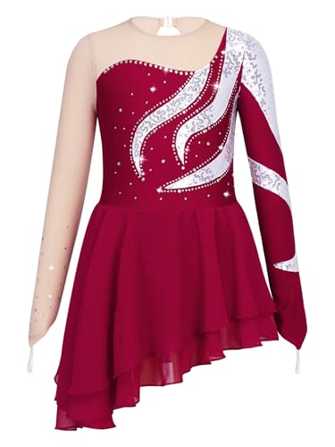 Miaeowve Kürkleider Eiskunstlauf Mädchen Akrobatik Kleid Kinder Strass Glitzer Tanzkleid Langarm Ballett Body Mit Asymetrisch Chiffon Rock Tanzkostüm Burgundy 146-152 von Miaeowve