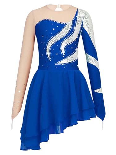 Miaeowve Kürkleider Eiskunstlauf Mädchen Akrobatik Kleid Kinder Strass Glitzer Tanzkleid Langarm Ballett Body Mit Asymetrisch Chiffon Rock Tanzkostüm Königsblau 158-164 von Miaeowve