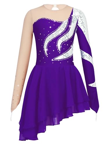 Miaeowve Kürkleider Eiskunstlauf Mädchen Akrobatik Kleid Kinder Strass Glitzer Tanzkleid Langarm Ballett Body Mit Asymetrisch Chiffon Rock Tanzkostüm Violett 146-152 von Miaeowve