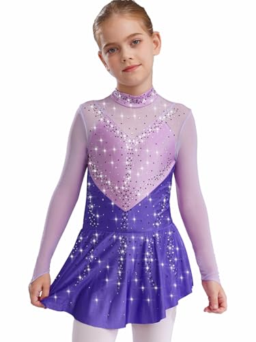 Miaeowve Kürkleider Rollkunstlauf Kinder Mädchen Strass Glitzer Eiskunstlauf Kleid Langarm Ballettkleid Stehkragen Tanzkleid Dancewear Violett 158-164 von Miaeowve