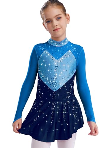 Miaeowve Kürkleider Rollkunstlauf Kinder Mädchen Strass Glitzer Eiskunstlauf Kleid Langarm Ballettkleid Stehkragen Tanzkleid Dancewear Blau 134-140 von Miaeowve