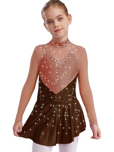 Miaeowve Kürkleider Rollkunstlauf Kinder Mädchen Strass Glitzer Eiskunstlauf Kleid Langarm Ballettkleid Stehkragen Tanzkleid Dancewear Braun 158-164 von Miaeowve