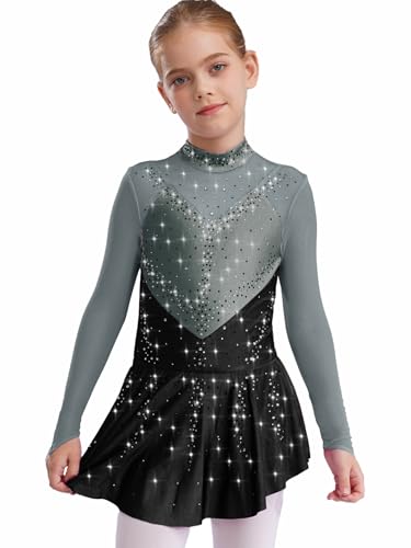 Miaeowve Kürkleider Rollkunstlauf Kinder Mädchen Strass Glitzer Eiskunstlauf Kleid Langarm Ballettkleid Stehkragen Tanzkleid Dancewear Grauschwarz 134-140 von Miaeowve