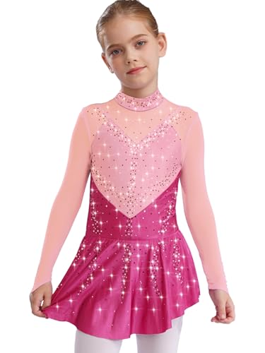 Miaeowve Kürkleider Rollkunstlauf Kinder Mädchen Strass Glitzer Eiskunstlauf Kleid Langarm Ballettkleid Stehkragen Tanzkleid Dancewear Hot Pink 146-152 von Miaeowve