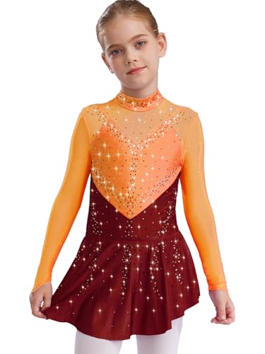 Miaeowve Kürkleider Rollkunstlauf Kinder Mädchen Strass Glitzer Eiskunstlauf Kleid Langarm Ballettkleid Stehkragen Tanzkleid Dancewear Orange&Burgund 158-164 von Miaeowve
