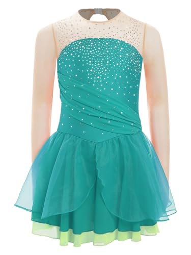 Miaeowve Kürkleider Rollkunstlauf Mädchen Akrobatik Kleid Strass Glitzer Ballettkleid Langarm Gymnastikbody Mit Tüll Tanzrock Dancewear Grün 146-152 von Miaeowve