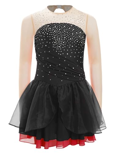 Miaeowve Kürkleider Rollkunstlauf Mädchen Akrobatik Kleid Strass Glitzer Ballettkleid Langarm Gymnastikbody Mit Tüll Tanzrock Dancewear Schwarz 158-164 von Miaeowve