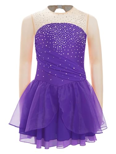 Miaeowve Kürkleider Rollkunstlauf Mädchen Akrobatik Kleid Strass Glitzer Ballettkleid Langarm Gymnastikbody Mit Tüll Tanzrock Dancewear Violett 146-152 von Miaeowve