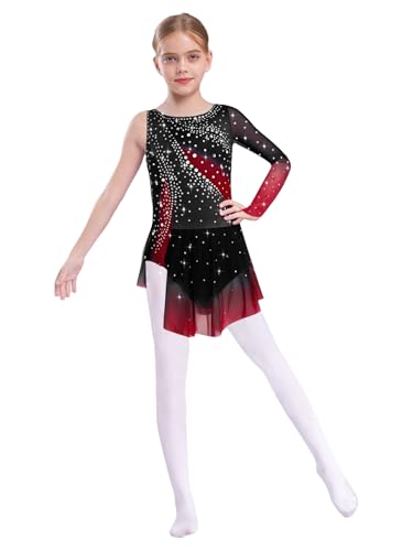 Miaeowve Kürkleider Rollschuh Mädchen Eiskunstlauf Trainingskleid Strass Glitzer Ballettkleid EIN Schulter Lateinamerikanischer Tanzkleider Dancewear Burgundy 170 von Miaeowve