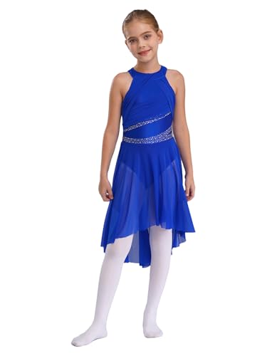 Miaeowve Lyrisches Kleid Mädchen Kinder Contemporary Dance Kleid Strass Glitzer Ballettkleid Ärmellos Eiskunstlaufkleid Tanzkostüm Königsblau 158-164 von Miaeowve