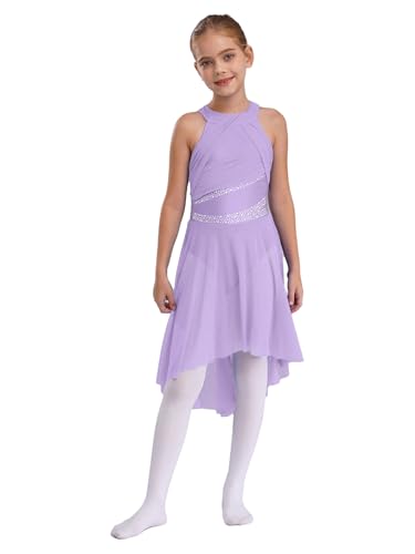 Miaeowve Lyrisches Kleid Mädchen Kinder Contemporary Dance Kleid Strass Glitzer Ballettkleid Ärmellos Eiskunstlaufkleid Tanzkostüm Lavendel 146-152 von Miaeowve