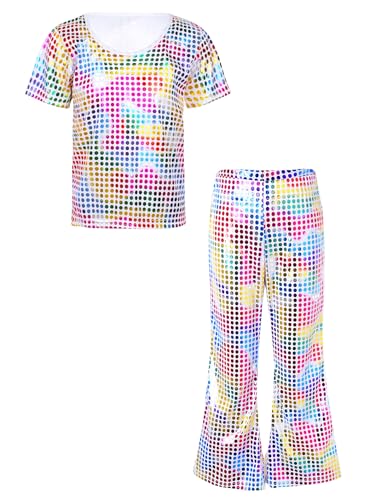 Miaeowve Mädchen Metallic Tanz Outfit Kinder Glitzer Kurzarm Party Disco Oberteil Pailletten Top High Waist Tanzhose Ausgestellter Leggings Dancewear Bunt 122-128 von Miaeowve