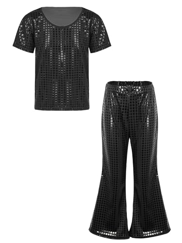 Miaeowve Mädchen Metallic Tanz Outfit Kinder Glitzer Kurzarm Party Disco Oberteil Pailletten Top High Waist Tanzhose Ausgestellter Leggings Dancewear Schwarz 122-128 von Miaeowve