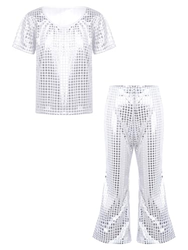 Miaeowve Mädchen Metallic Tanz Outfit Kinder Glitzer Kurzarm Party Disco Oberteil Pailletten Top High Waist Tanzhose Ausgestellter Leggings Dancewear Silber 116-122 von Miaeowve