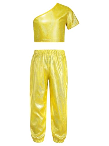 Miaeowve Hip Hop Outfit Mädchen Glitzer Ein Schulter Tanz Top Metallic Bauchfrei Oberteil Stretch Tanzhose Leggings Dancewear Gold 122-128 von Miaeowve