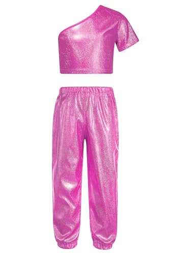 Miaeowve Hip Hop Outfit Mädchen Glitzer Ein Schulter Tanz Top Metallic Bauchfrei Oberteil Stretch Tanzhose Leggings Dancewear Hot Pink 158-164 von Miaeowve