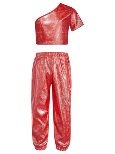 Miaeowve Hip Hop Outfit Mädchen Glitzer Ein Schulter Tanz Top Metallic Bauchfrei Oberteil Stretch Tanzhose Leggings Dancewear Rot 134-140 von Miaeowve