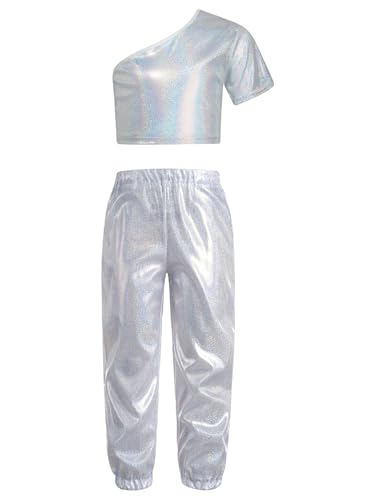 Miaeowve Hip Hop Outfit Mädchen Glitzer Ein Schulter Tanz Top Metallic Bauchfrei Oberteil Stretch Tanzhose Leggings Dancewear Silber 98-104 von Miaeowve