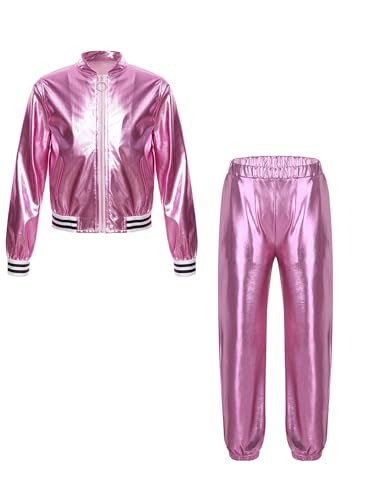 Miaeowve Metallic Tanzkleidung Kinder Mädchen Langarm Glitzer Jacke Mit Stretch Leggings Hip Hop Street Dance Tanz Outfit 70er 80er Jahre Trainingsanzug Rosa 170 von Miaeowve