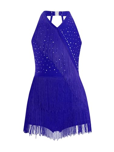 Miaeowve Standard Kleider Tanz Mädchen Latein Tanzkleid Mit Fransen Ärmellos Quasten Body Cut Out Leotard Wettbewerb Tanzkostüm Blau 134-140 von Miaeowve