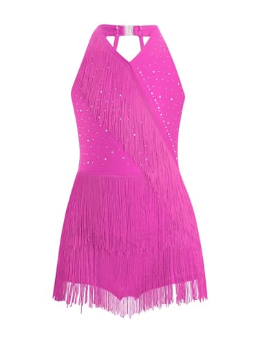 Miaeowve Standard Kleider Tanz Mädchen Latein Tanzkleid Mit Fransen Ärmellos Quasten Body Cut Out Leotard Wettbewerb Tanzkostüm Hot Pink 146-152 von Miaeowve